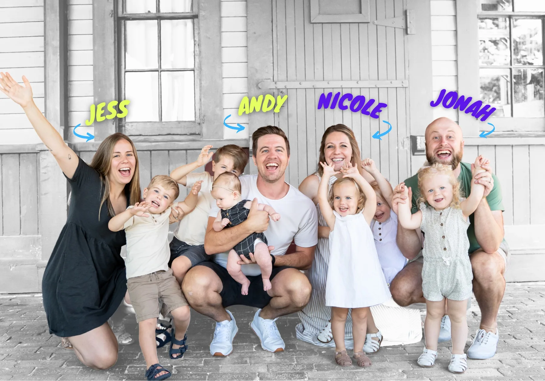 Owners Jess, Andy, Nicole, and Jonah with their kids, each family labeled by name